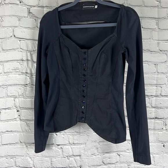 European Culture Womens Blouse Buttoned Quarter Sleeve Fitted Blue Black Small - Picture 1 of 12